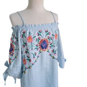 Philosophy Aqua Embroidered  linen summer dress MD Coastal Boho chic